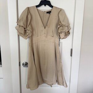 1. State. Short Puffed Sleeve V-Neck Gold Satin Cocktail Mini Dress. Size Medium